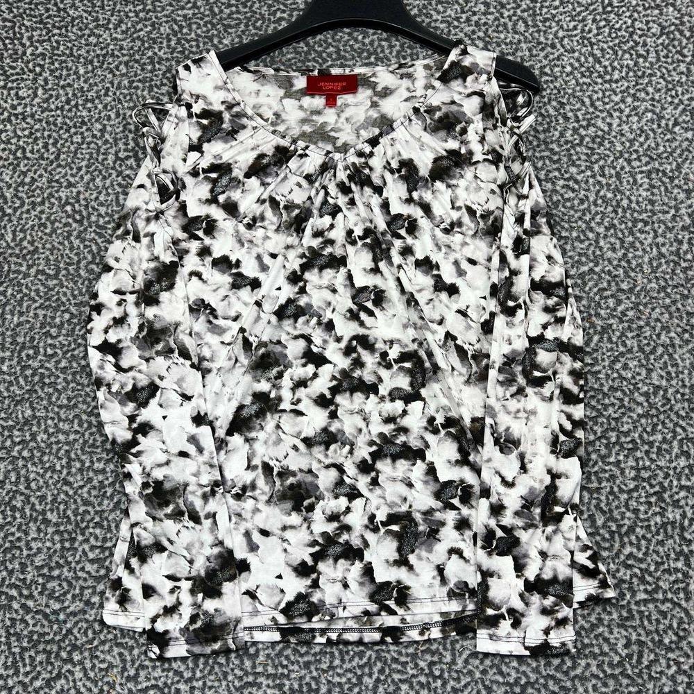 Jennifer Lopez Blouse Women Small Gray Black Floral Cold Shoulder Long Sleeve